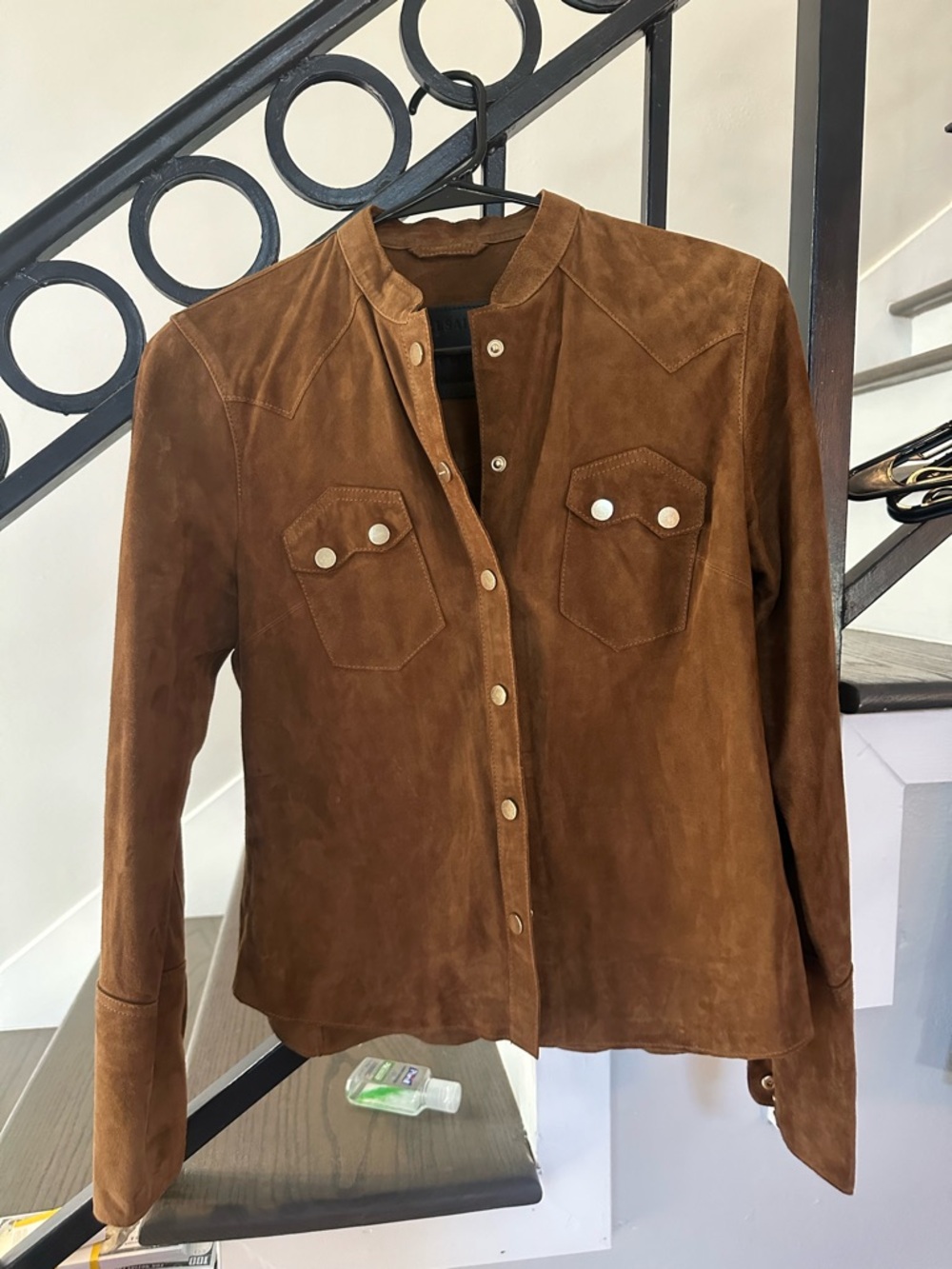 All saints Brown Suede Snap-Front Shirt